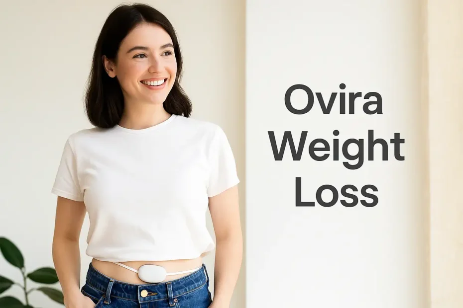 Woman wearing Ovira weight loss device and smiling confidently.