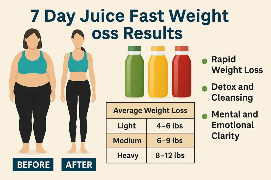 7 day juice fast weight loss results showing before and after transformation with average weight loss chart and juice bottles.