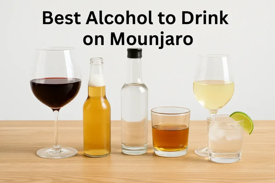 Best alcohol to drink on Mounjaro displayed in various glasses and bottles on a wooden surface.