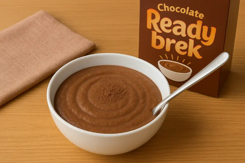 chocolate Ready Brek in a bowl with spoon and packaging.