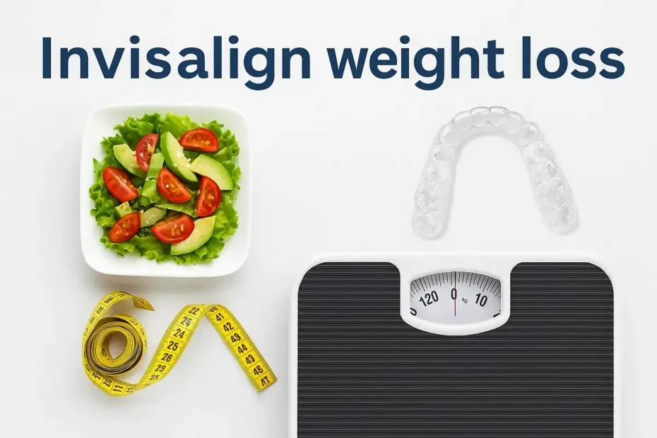 Invisalign weight loss concept with aligners, salad, measuring tape, and scale on a clean background.