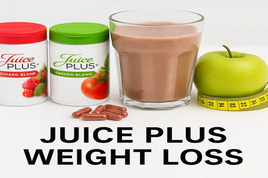 Juice Plus weight loss products with capsules, shake, apple, and measuring tape on white background.