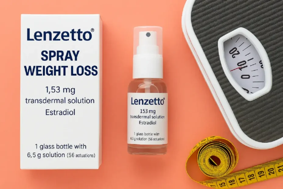 Lenzetto spray weight loss product with measuring tape and scale.