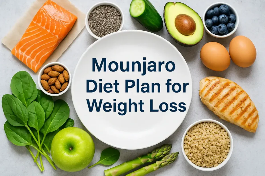 Mounjaro diet plan for weight loss foods including salmon, avocado, spinach, and quinoa.