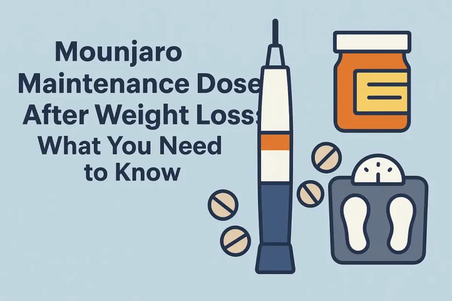 Mounjaro maintenance dose after weight loss with scale, injection, and pills.