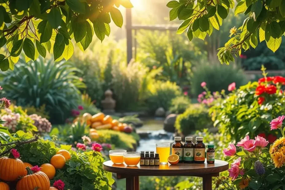 Nature cure weight loss with fresh fruits, herbal tea, and natural remedies in a peaceful outdoor setting.