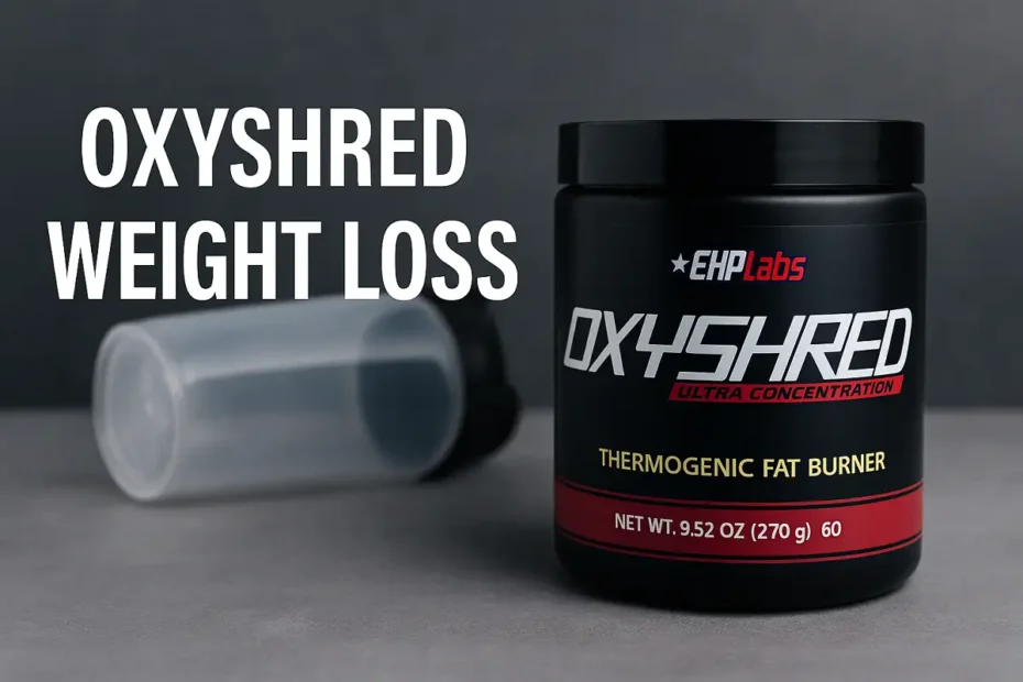oxyshred weight loss supplement container on gray background.