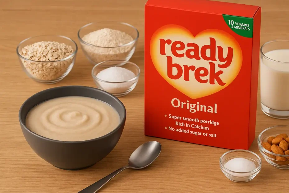 ready brek ingredients in bowl and packaging on table.