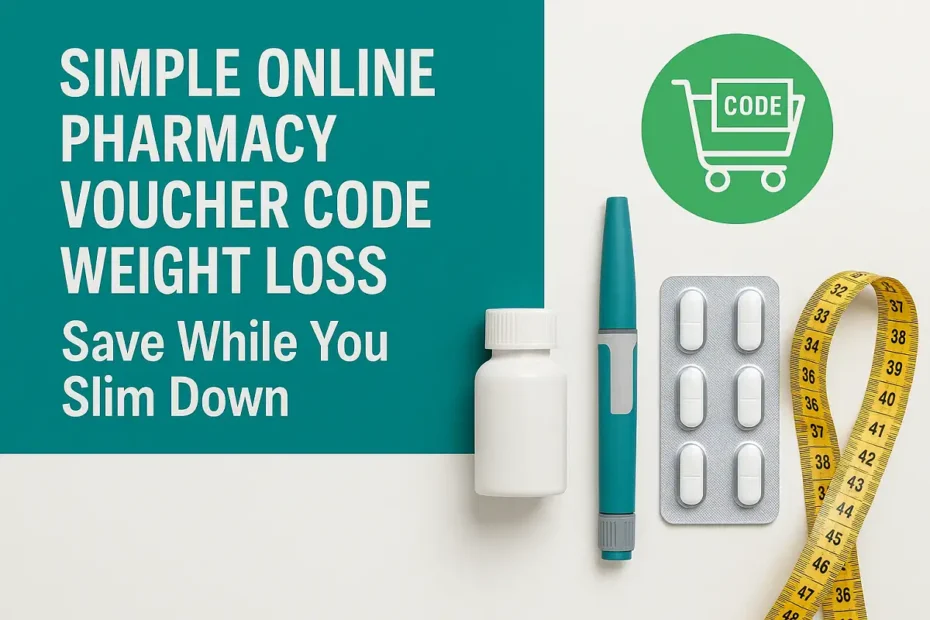 Simple online pharmacy voucher code weight loss promo with pills, syringe pen, and measuring tape.