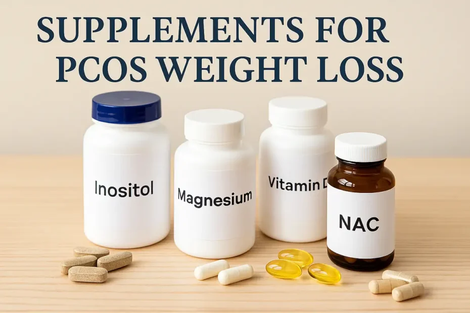 Supplements for PCOS weight loss including Inositol, Magnesium, Vitamin D, and NAC bottles on a wooden surface.