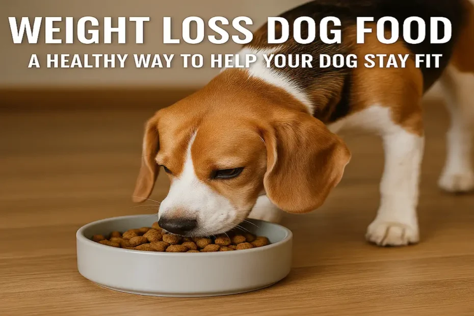 Dog enjoying nutritious weight loss dog food in a bowl.