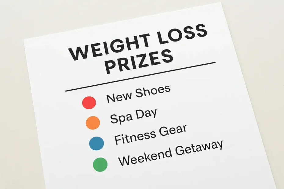 Weight loss prizes chart listing rewards like new shoes, spa day, and weekend getaway.