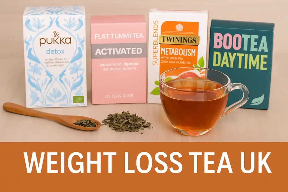 Weight loss tea UK varieties including Pukka, Flat Tummy Tea, Twinings, and Bootea on a wooden table.