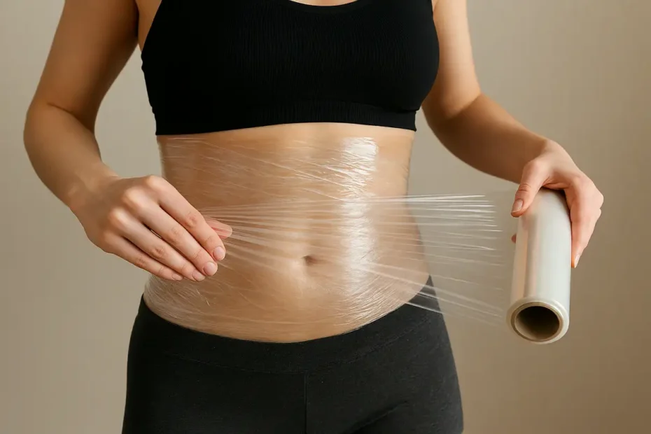 Woman applying weight loss wraps around her stomach for slimming effect.