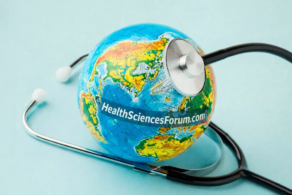 Globe with a stethoscope and “HealthSciencesForum.com” text, symbolizing global healthcare.