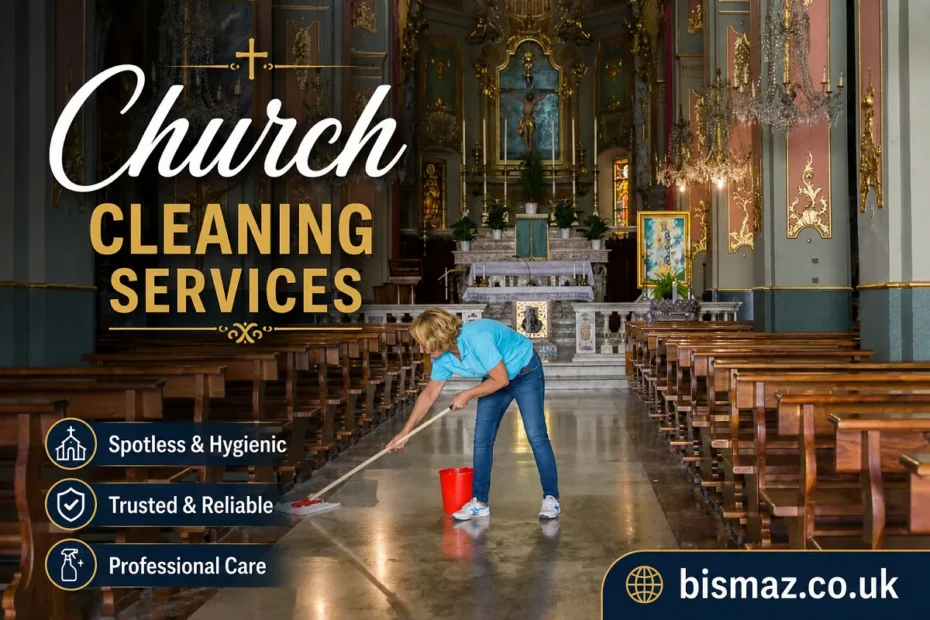 Church Cleaning Services advertisement inside a grand church with bismaz.co.uk branding.