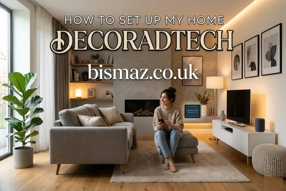 A modern living room with a woman sitting on an ottoman using a smartphone. The image features the text "HOW TO SET UP MY HOME DECORADTECH" and the website "bismaz.co.uk" prominently in the center.