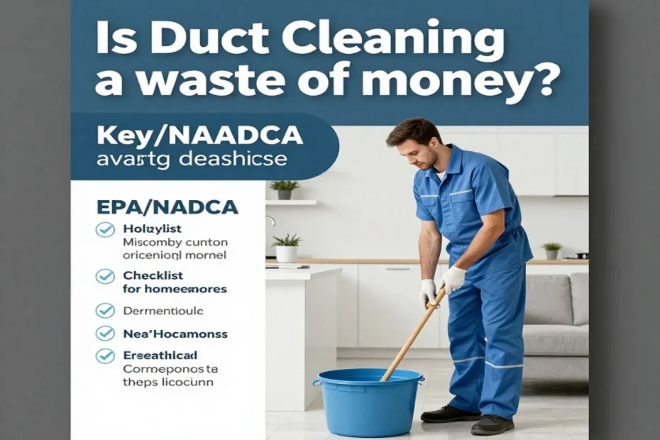 Professional duct cleaning worker in blue uniform cleaning indoors with “Is Duct Cleaning a waste of money?” text banner.