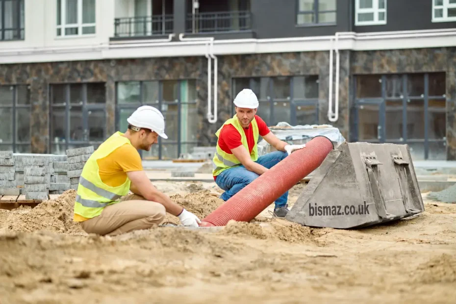 Construction workers installing underground pipe at construction site with bismaz.co.uk branding.