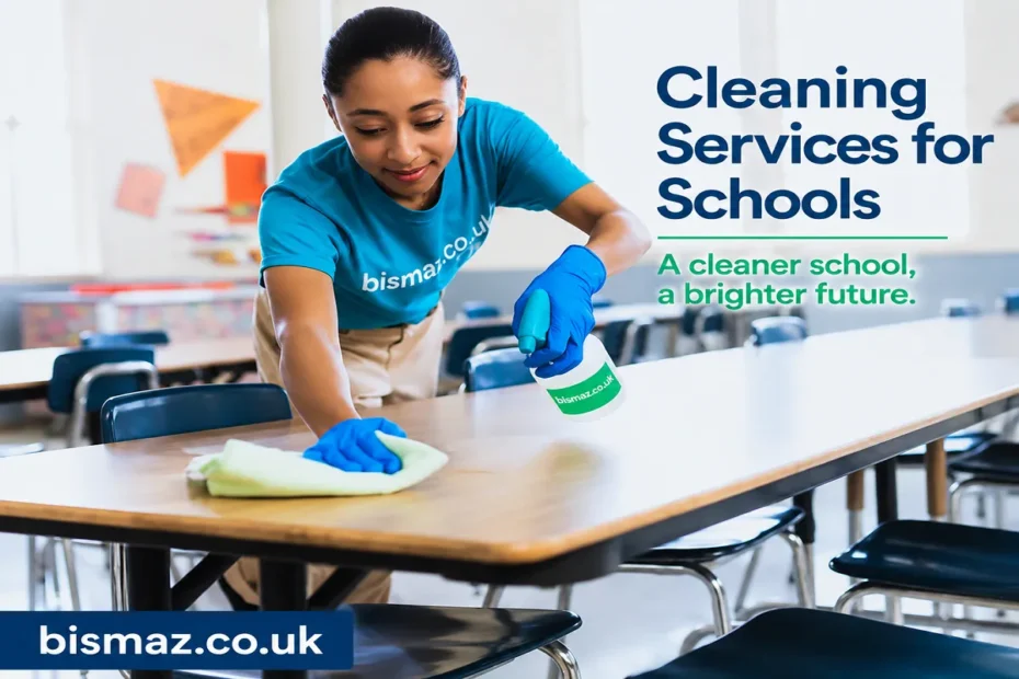 Professional cleaner disinfecting a classroom desk, promoting Cleaning Services for Schools by bismaz.co.uk.
