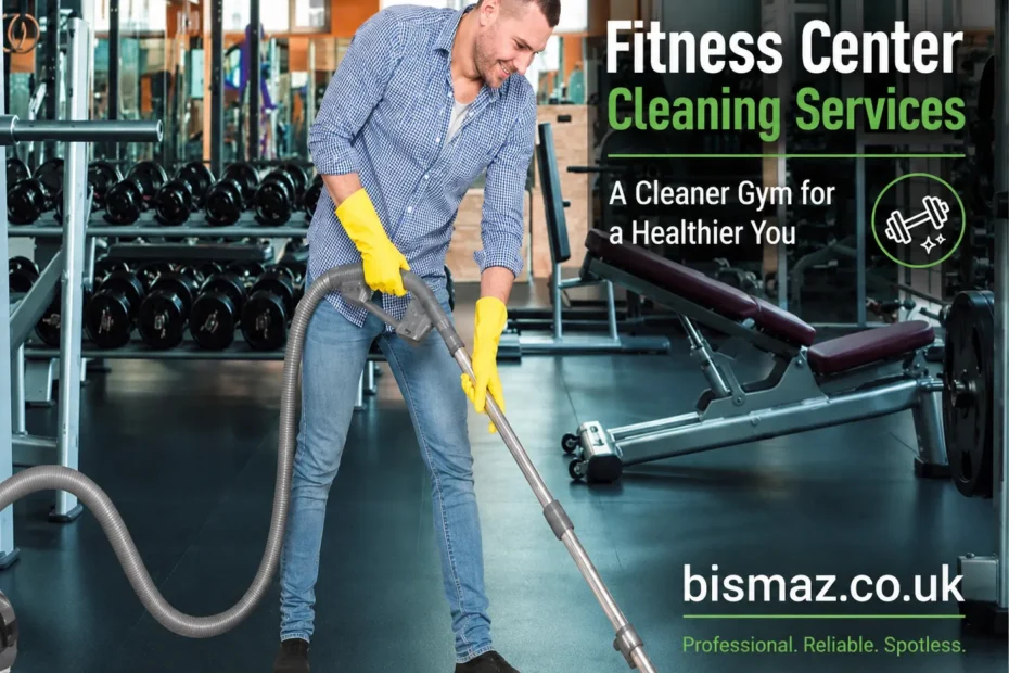 Fitness Center Cleaning Services professional gym cleaning with vacuum equipment, branded by bismaz.co.uk.