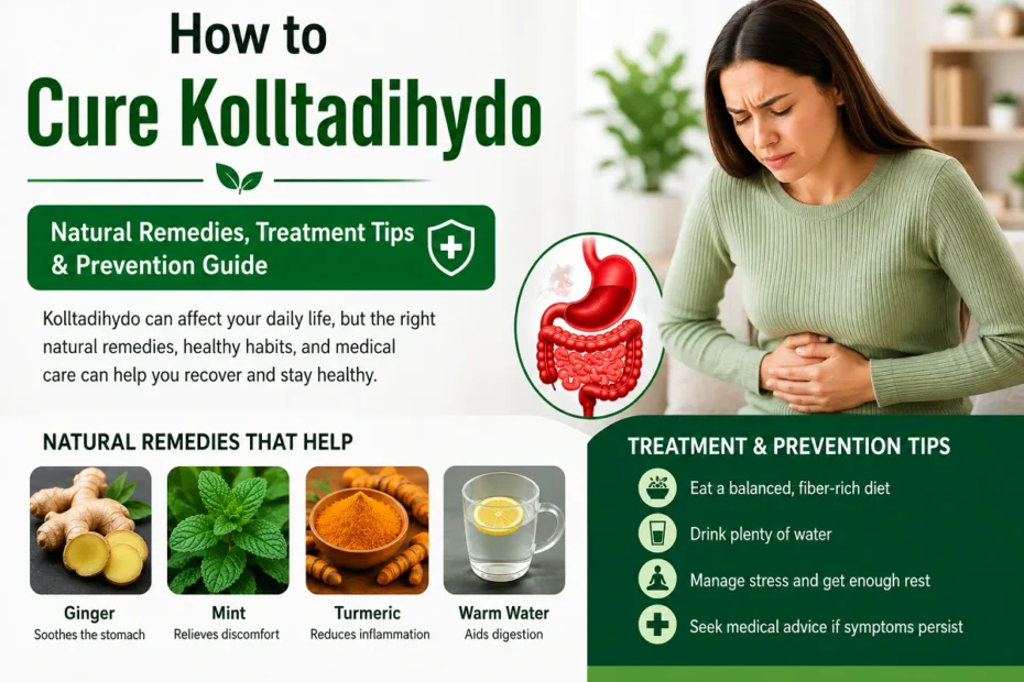 Illustration about how to cure Kolltadihydo, featuring natural remedies, digestive health tips, and prevention guidance with a stomach health theme.