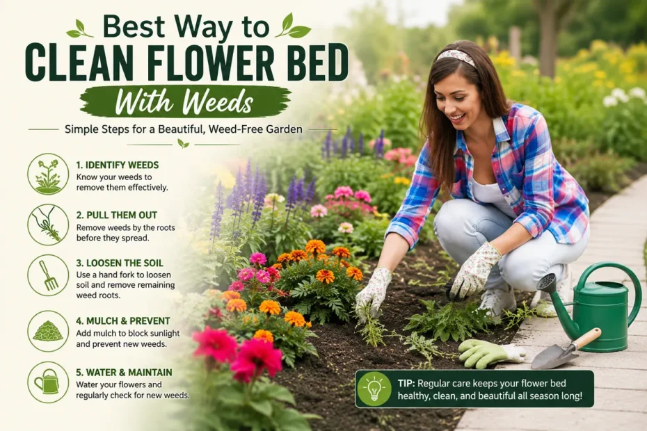 Woman removing weeds from a colorful flower bed with gardening tools, illustrating the best way to clean a flower bed and maintain a healthy garden.