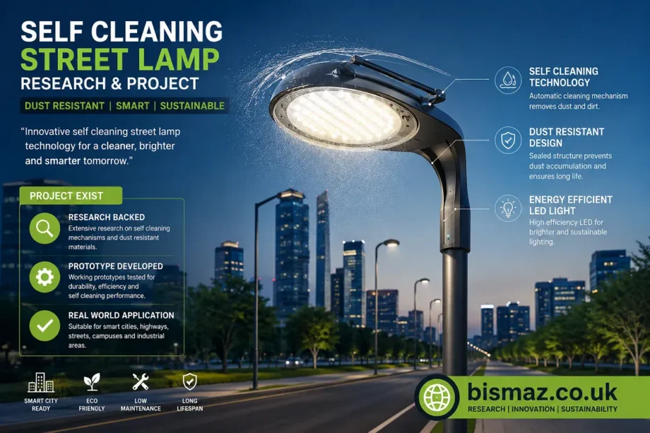 Self-cleaning, dust-resistant smart street lamp concept with research project details and the bismaz.co.uk branding displayed on a modern city street background.