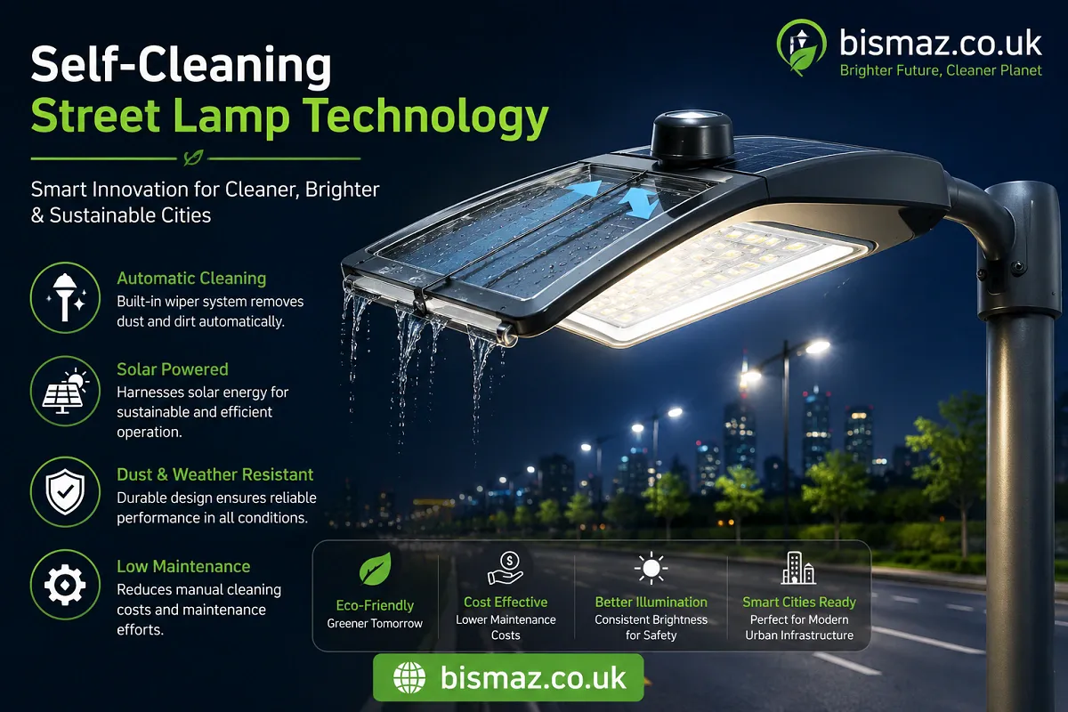 Infographic of a self-cleaning solar-powered street lamp with automated dust removal technology and bismaz.co.uk branding.