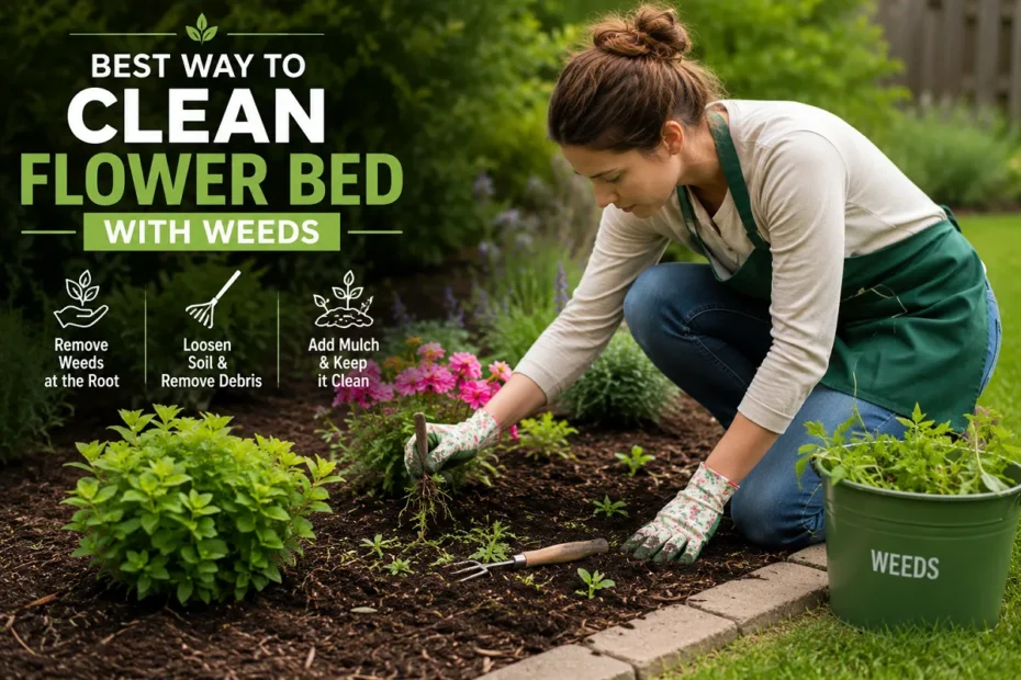 Person removing weeds from a flower bed with gardening tools, illustrating the best way to clean a flower bed and keep plants healthy.